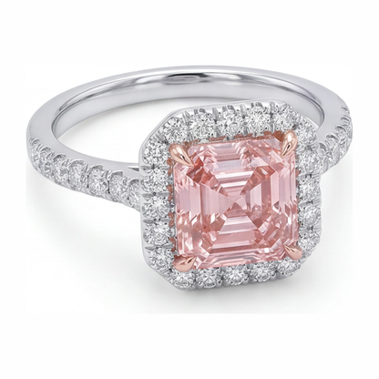 3.25 Carat Asscher Pink Lab Grown Diamond and White Diamond Halo Ring 14K White Gold