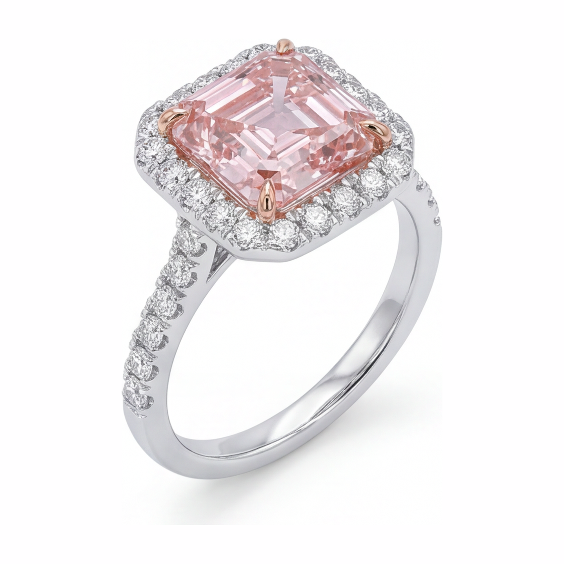3.25 Carat Asscher Pink Lab Grown Diamond and White Diamond Halo Ring 14K White Gold