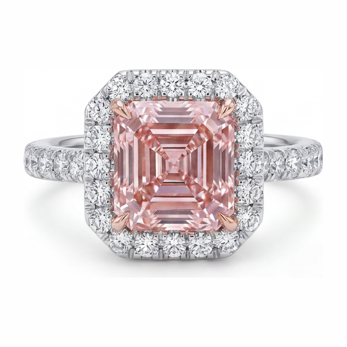 3.25 Carat Asscher Pink Lab Grown Diamond and White Diamond Halo Ring 14K White Gold
