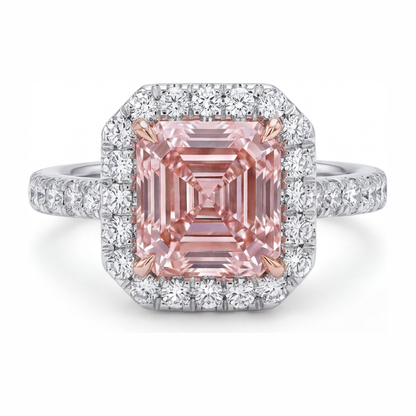 3.25 Carat Asscher Pink Lab Grown Diamond and White Diamond Halo Ring 14K White Gold