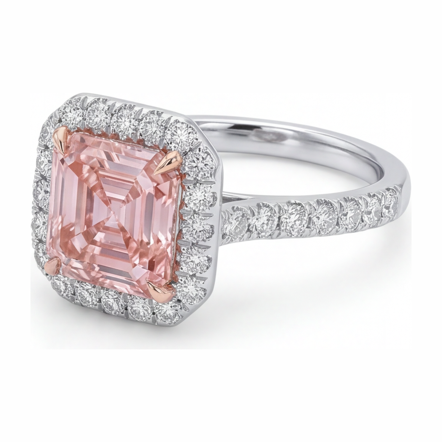3.25 Carat Asscher Pink Lab Grown Diamond and White Diamond Halo Ring 14K White Gold