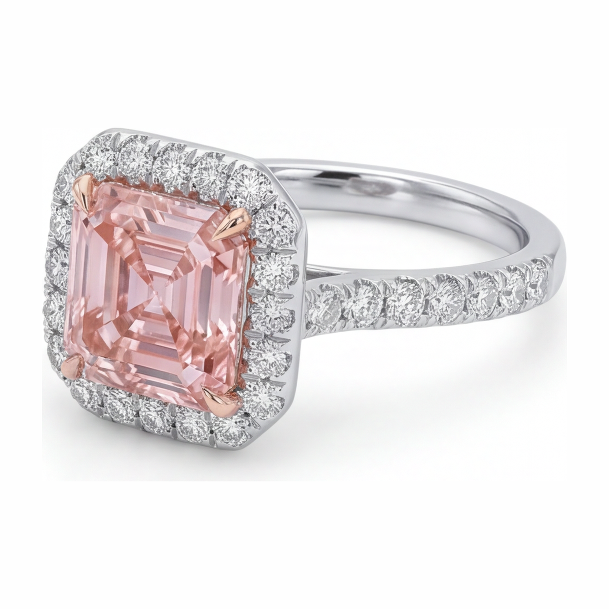3.25 Carat Asscher Pink Lab Grown Diamond and White Diamond Halo Ring 14K White Gold