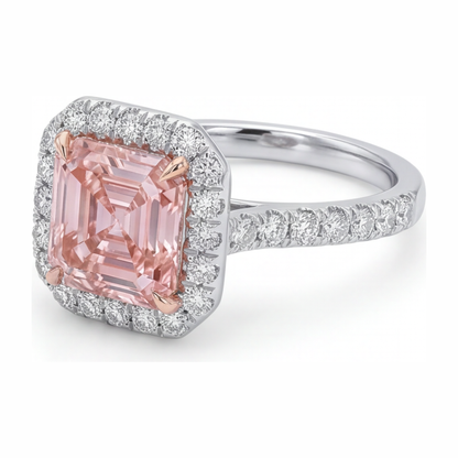 3.25 Carat Asscher Pink Lab Grown Diamond and White Diamond Halo Ring 14K White Gold