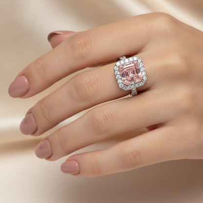3.25 Carat Asscher Pink Lab Grown Diamond and White Diamond Halo Ring 14K White Gold worn