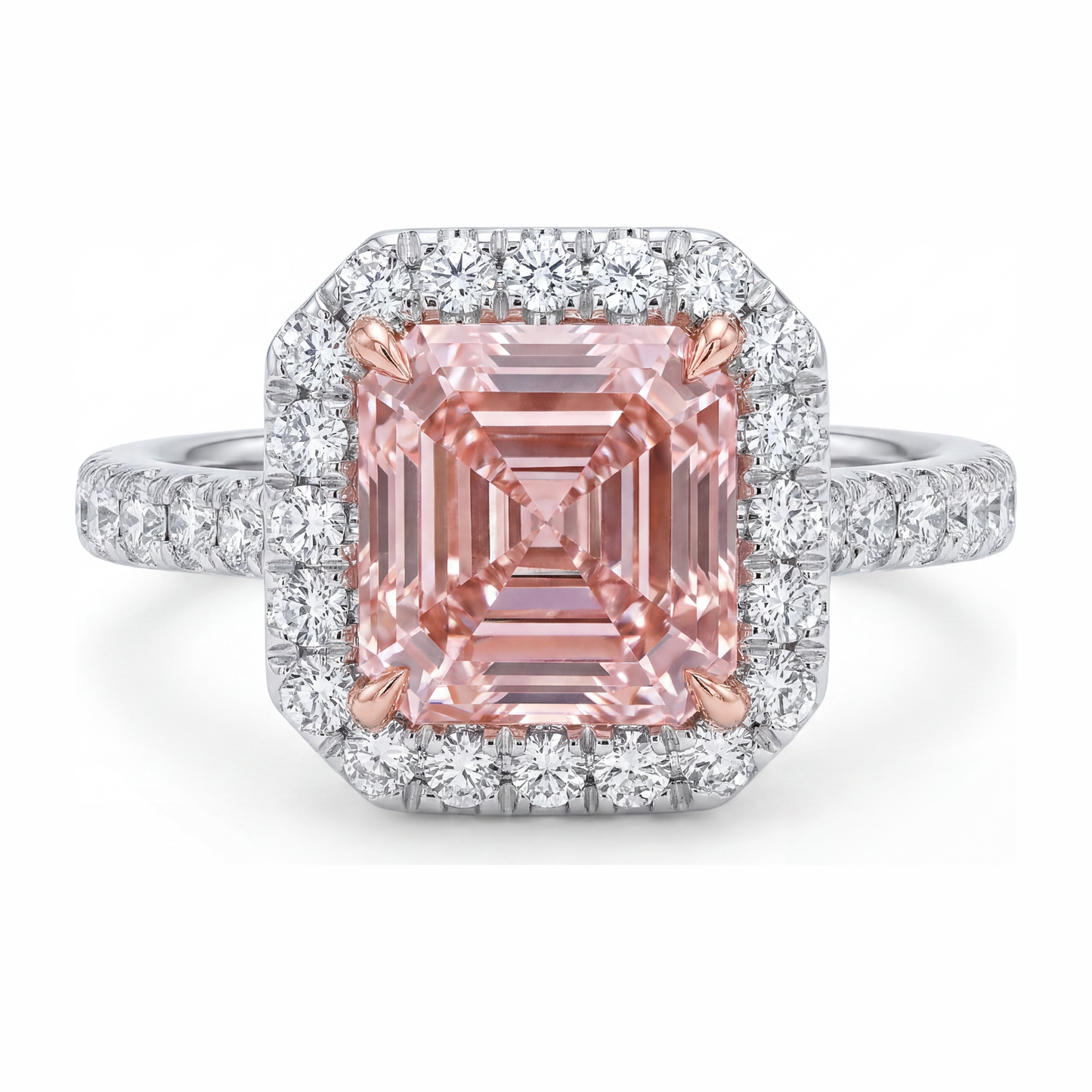 3.25 Carat Asscher Pink Lab Grown Diamond and White Diamond Halo Ring 14K White Gold