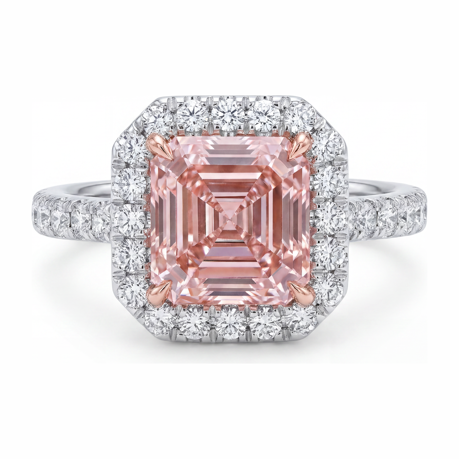 3.25 Carat Asscher Pink Lab Grown Diamond and White Diamond Halo Ring 14K White Gold