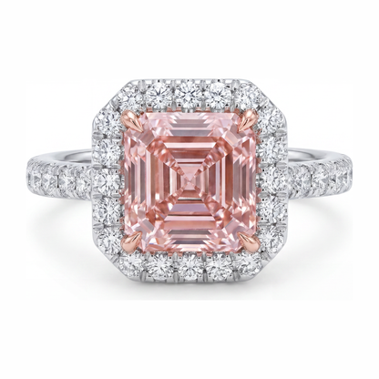 3.25 Carat Asscher Pink Lab Grown Diamond and White Diamond Halo Ring 14K White Gold