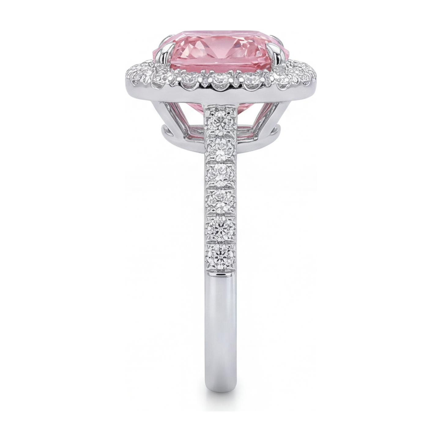 3.25 Carat Cushion Pink Lab Grown Diamond and White Diamond Halo Ring 14K White Gold