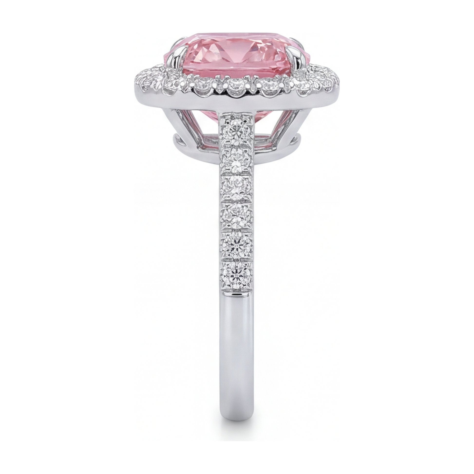 3.25 Carat Cushion Pink Lab Grown Diamond and White Diamond Halo Ring 14K White Gold