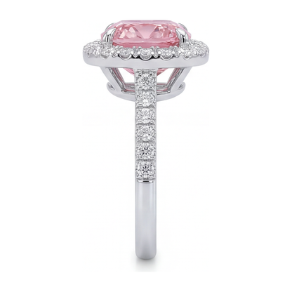 3.25 Carat Cushion Pink Lab Grown Diamond and White Diamond Halo Ring 14K White Gold