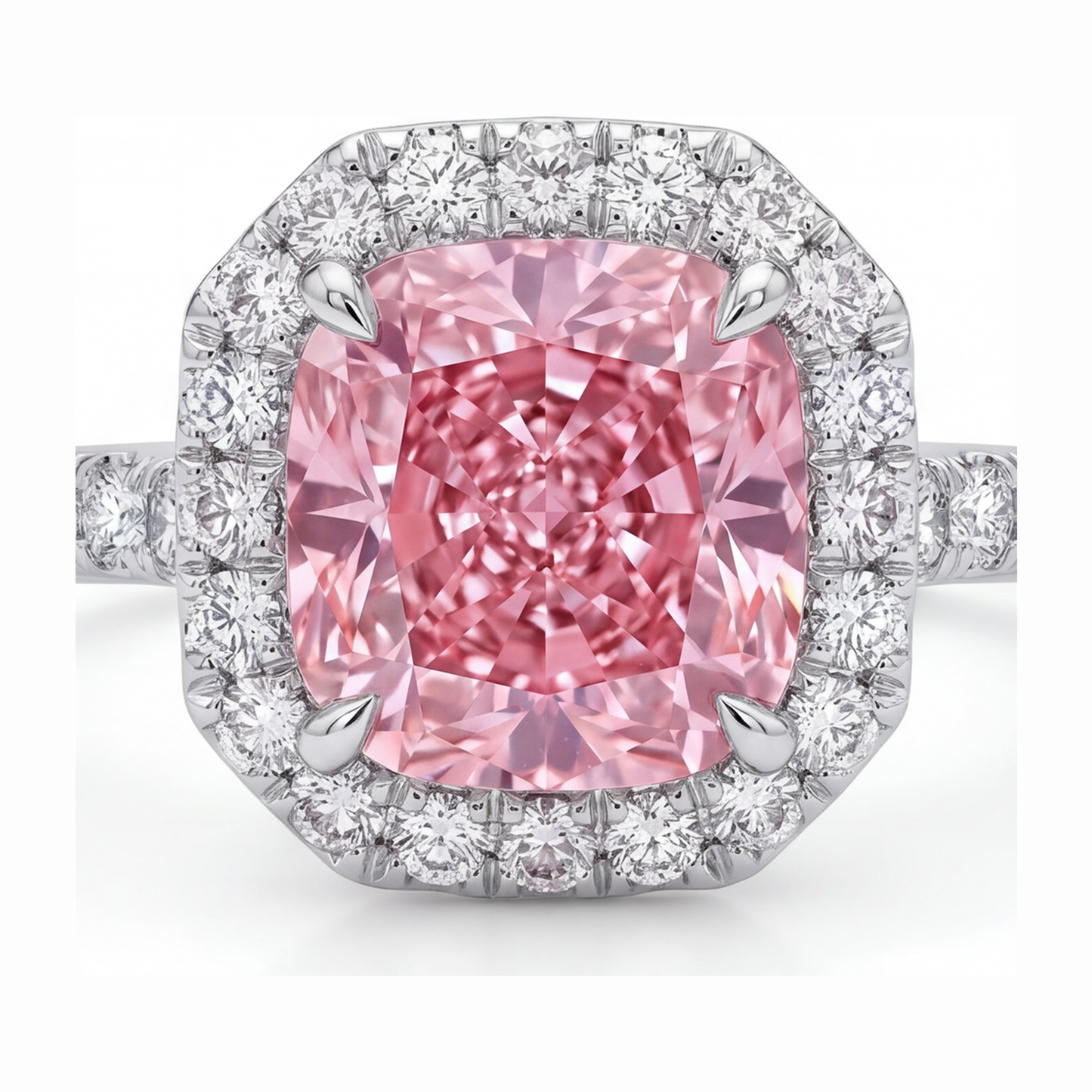 3.25 Carat Cushion Pink Lab Grown Diamond and White Diamond Halo Ring 14K White Gold