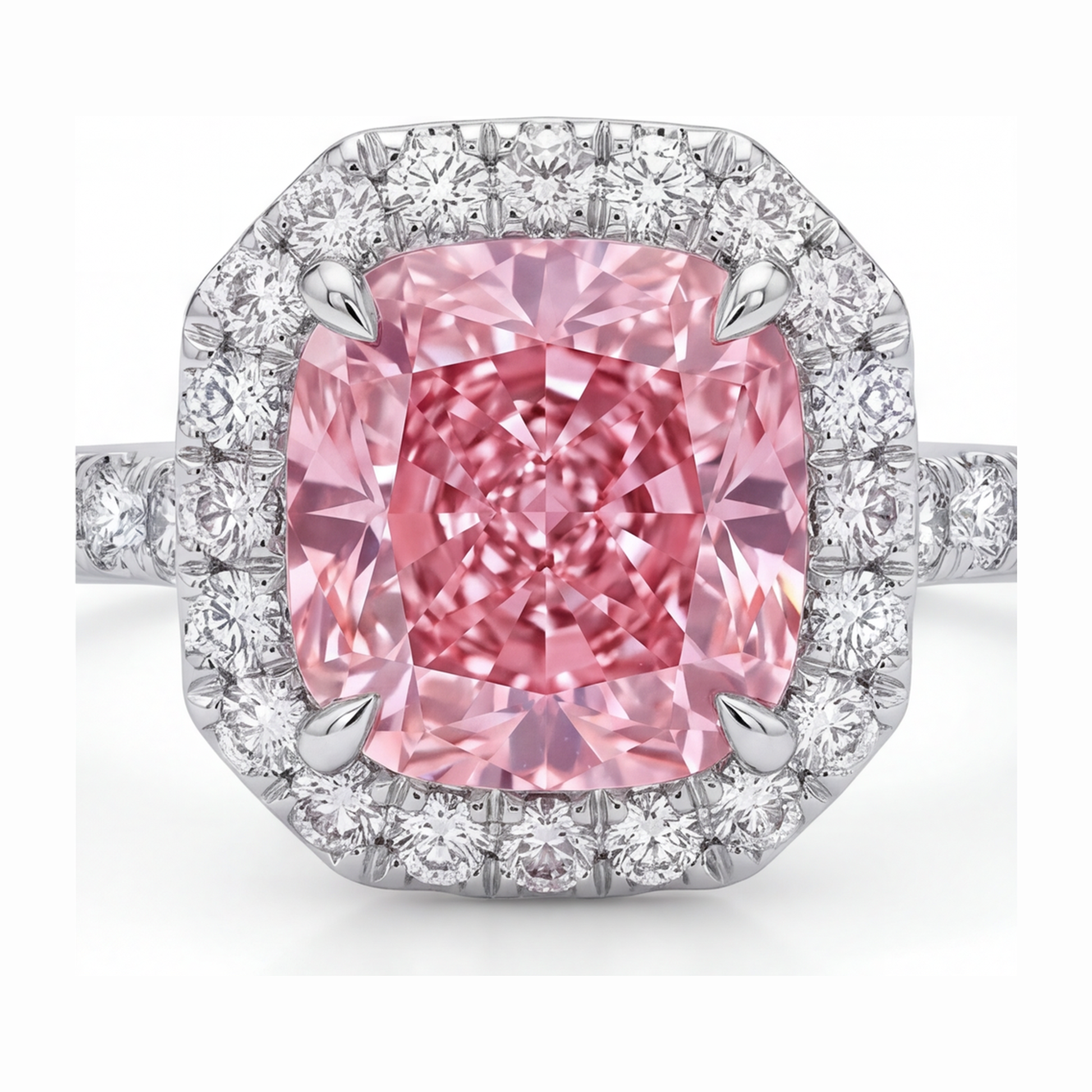 3.25 Carat Cushion Pink Lab Grown Diamond and White Diamond Halo Ring 14K White Gold