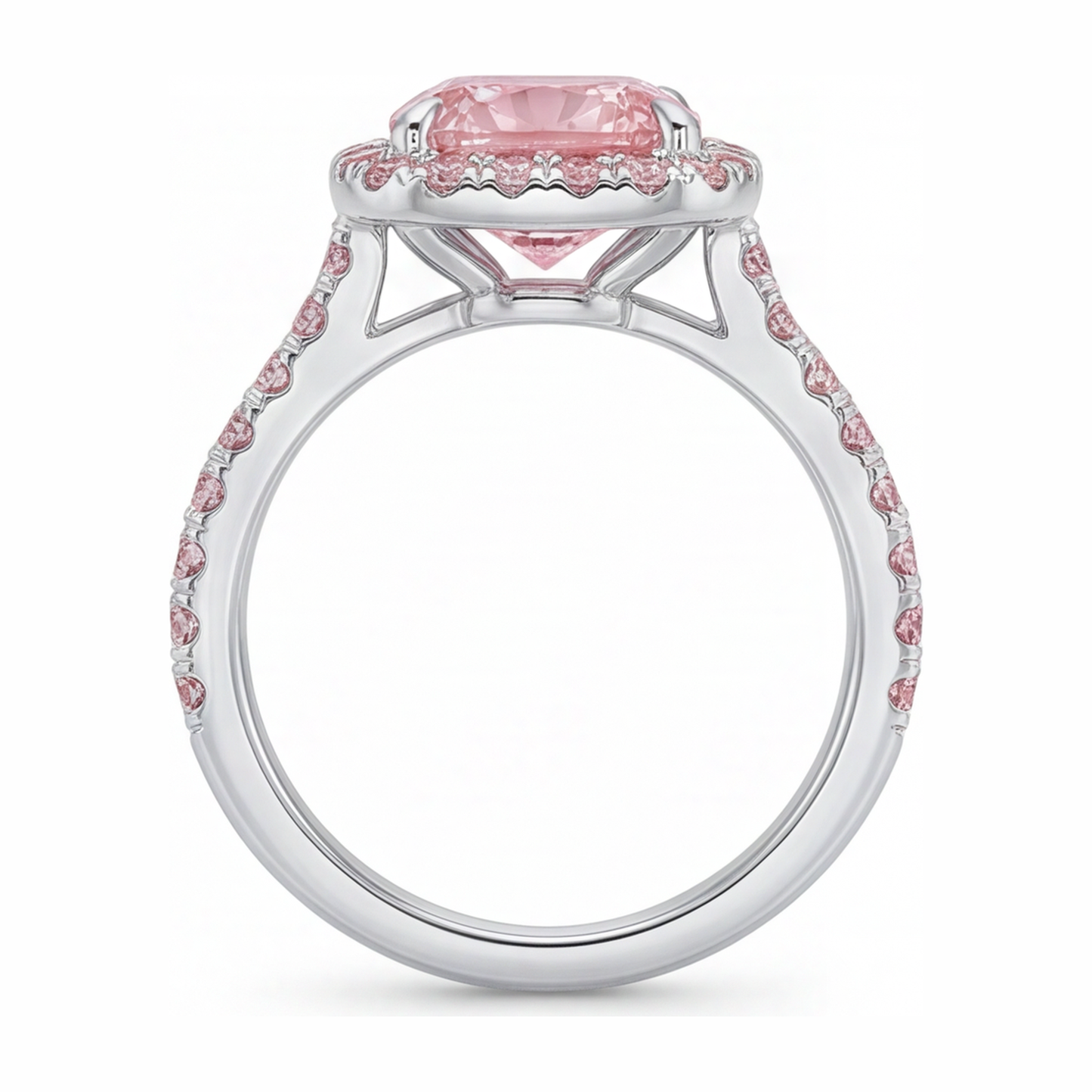 3.25 Carat Cushion Pink Lab Grown Diamond and White Diamond Halo Ring 14K White Gold