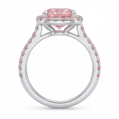3.25 Carat Cushion Pink Lab Grown Diamond and White Diamond Halo Ring 14K White Gold