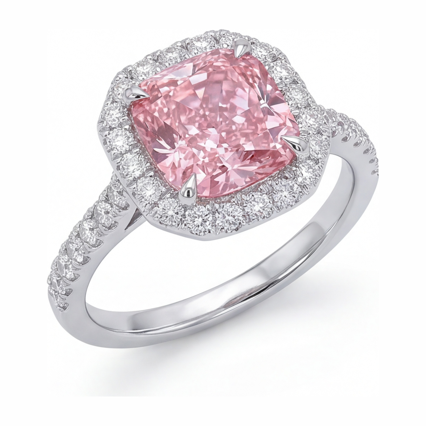 3.25 Carat Cushion Pink Lab Grown Diamond and White Diamond Halo Ring 14K White Gold