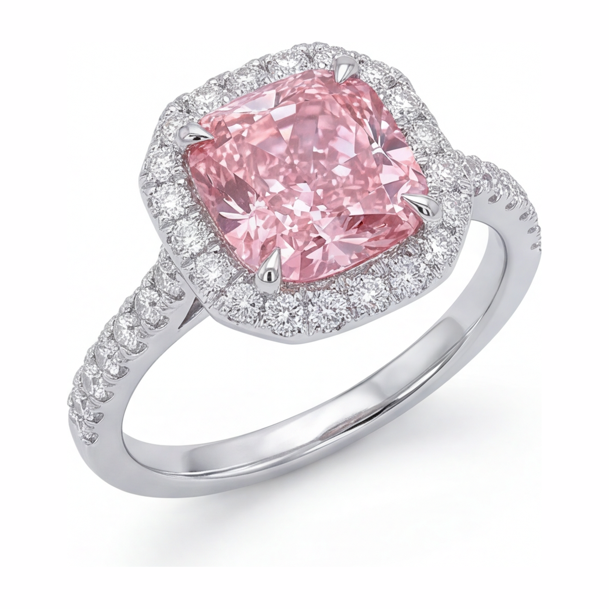 3.25 Carat Cushion Pink Lab Grown Diamond and White Diamond Halo Ring 14K White Gold