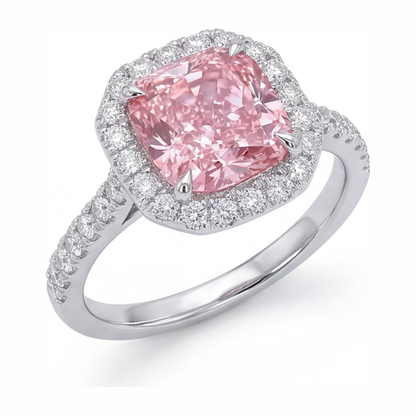 3.25 Carat Cushion Pink Lab Grown Diamond and White Diamond Halo Ring 14K White Gold