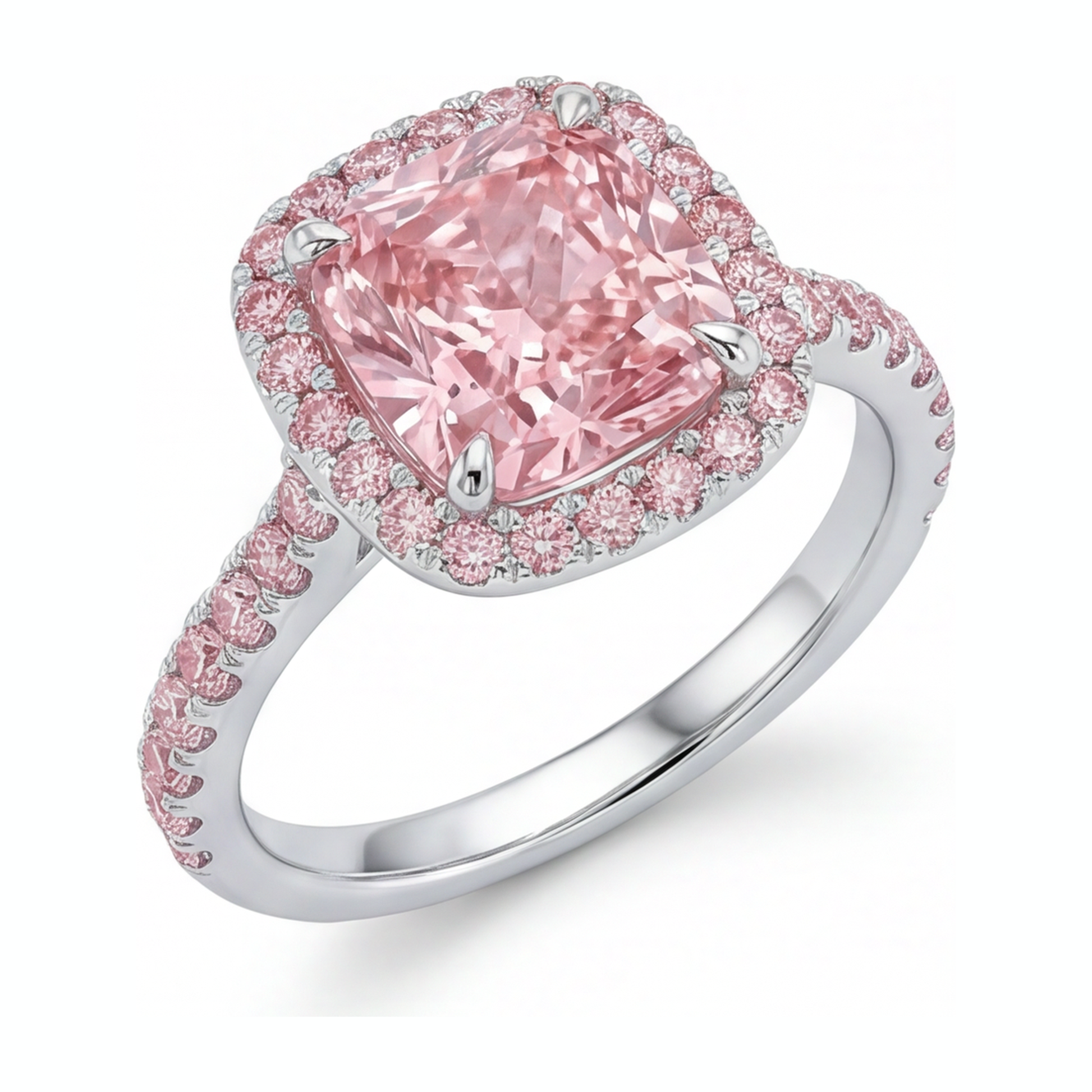 3.25 Carat Cushion Pink Lab Grown Diamond and White Diamond Halo Ring 14K White Gold