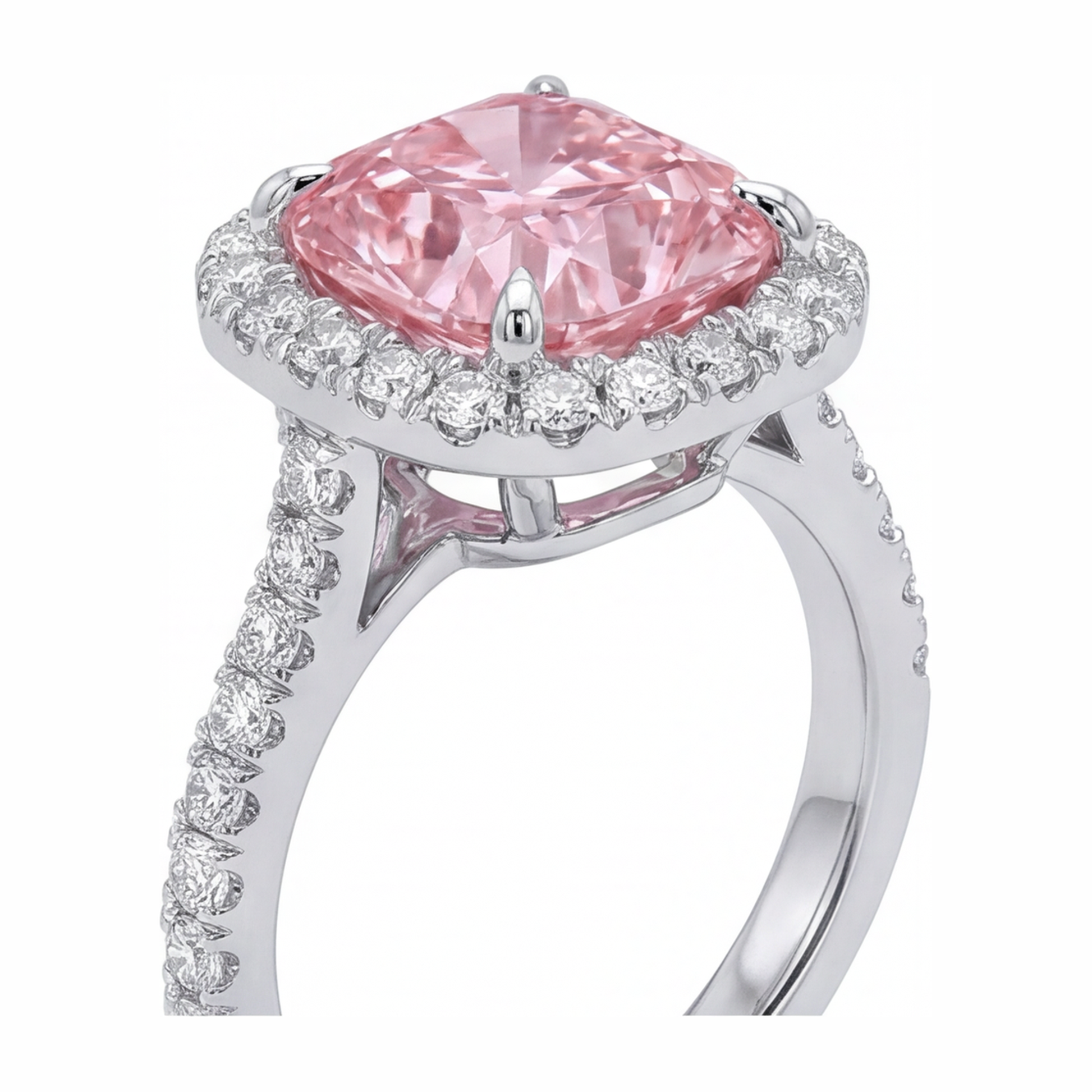 3.25 Carat Cushion Pink Lab Grown Diamond and White Diamond Halo Ring 14K White Gold