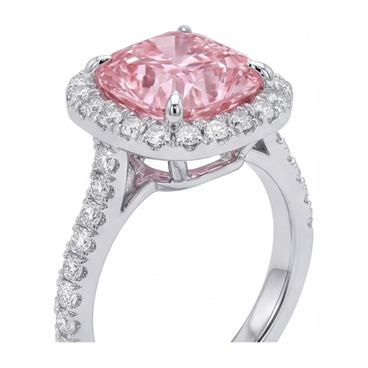 3.25 Carat Cushion Pink Lab Grown Diamond and White Diamond Halo Ring 14K White Gold