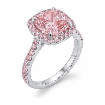 3.25 Carat Cushion Pink Lab Grown Diamond and White Diamond Halo Ring 14K White Gold