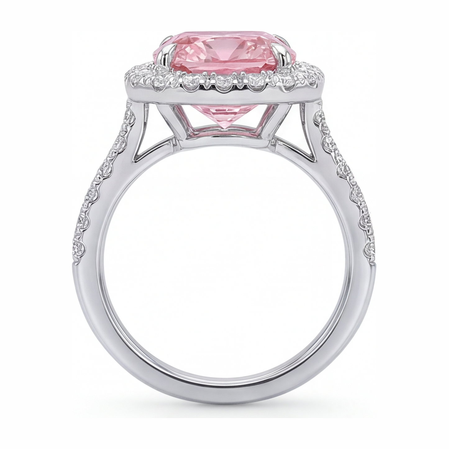 3.25 Carat Cushion Pink Lab Grown Diamond and White Diamond Halo Ring 14K White Gold