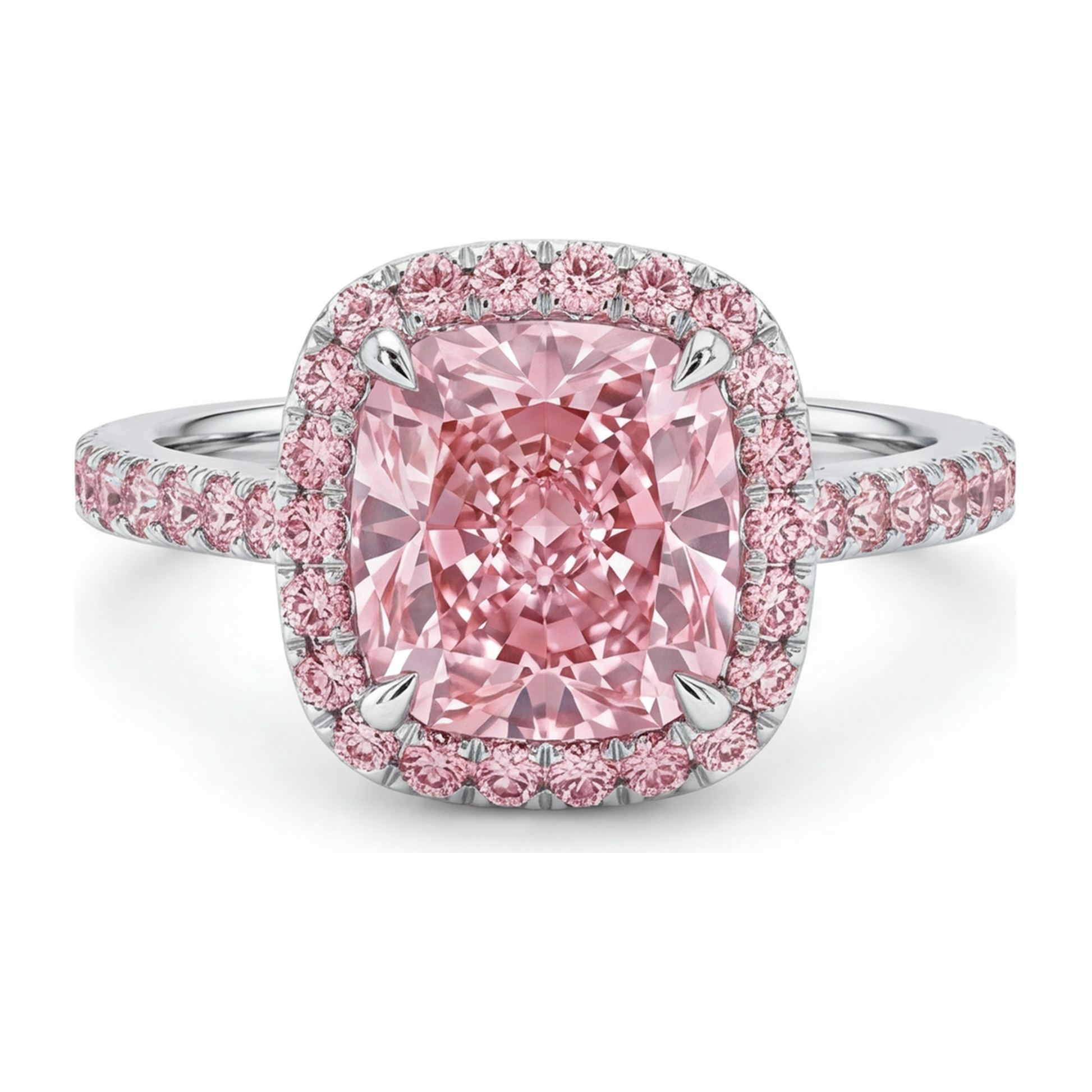 3.25 Carat Cushion Pink Lab Grown Diamond and White Diamond Halo Ring 14K White Gold