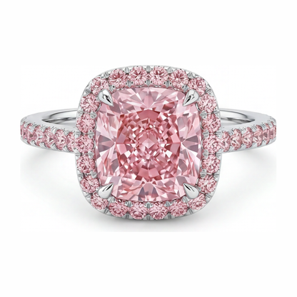 3.25 Carat Cushion Pink Lab Grown Diamond and White Diamond Halo Ring 14K White Gold