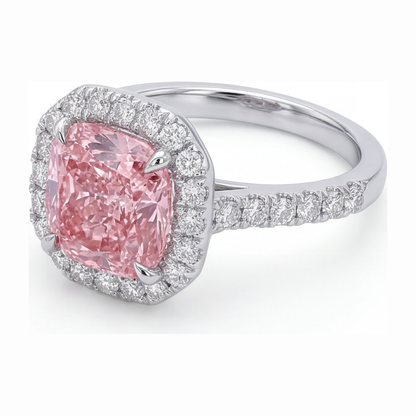 3.25 Carat Cushion Pink Lab Grown Diamond and White Diamond Halo Ring 14K White Gold