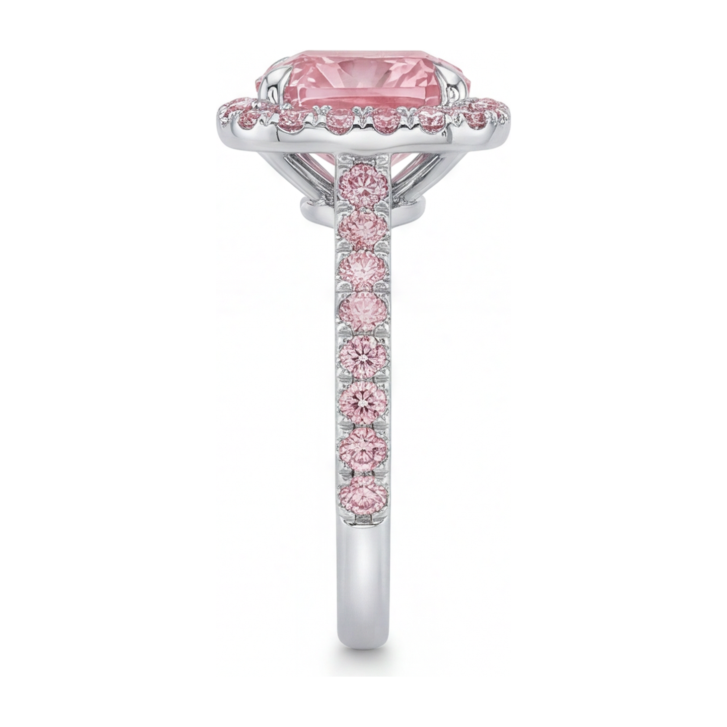 3.25 Carat Cushion Pink Lab Grown Diamond and White Diamond Halo Ring 14K White Gold