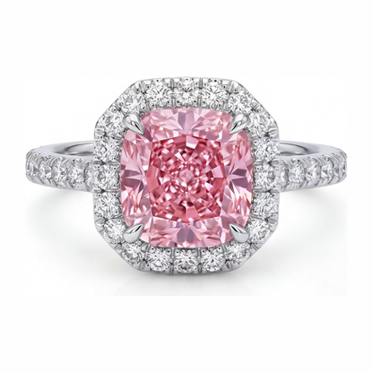 3.25 Carat Cushion Pink Lab Grown Diamond and White Diamond Halo Ring 14K White Gold
