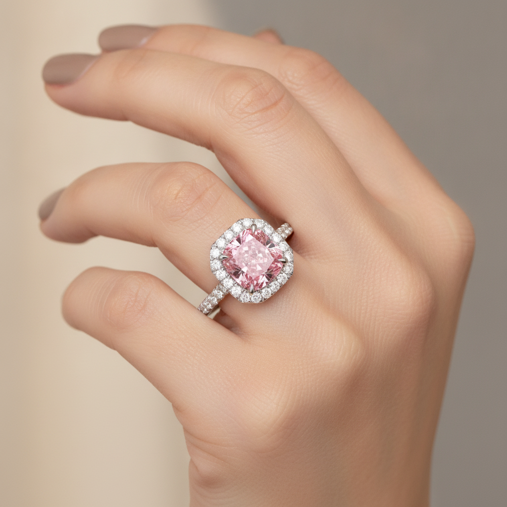 3.25 Carat Cushion Pink Lab Grown Diamond and White Diamond Halo Ring 14K White Gold worn