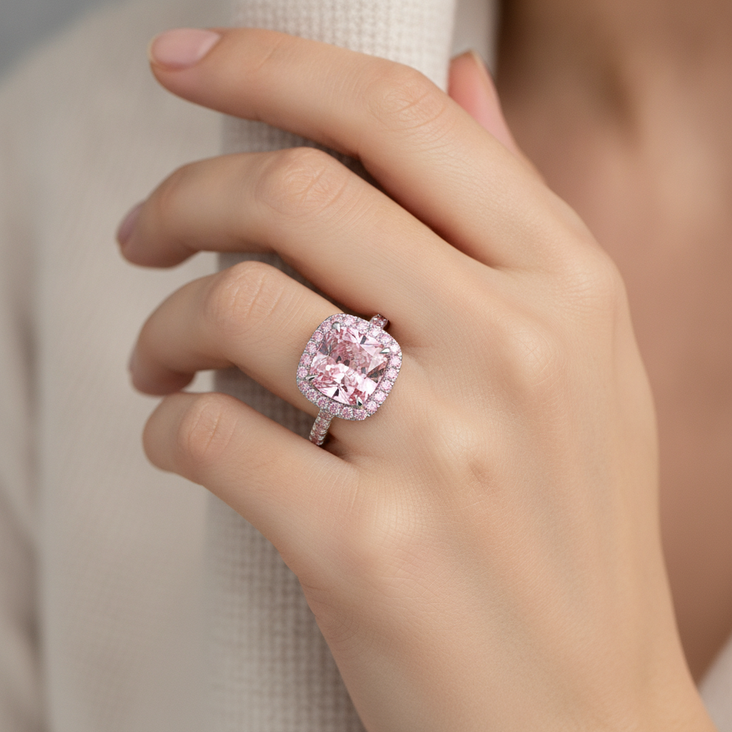 3.25 Carat Cushion Pink Lab Grown Diamond and White Diamond Halo Ring 14K White Gold worn
