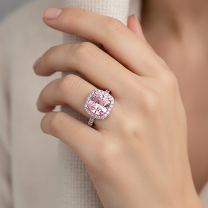 3.25 Carat Cushion Pink Lab Grown Diamond and White Diamond Halo Ring 14K White Gold worn