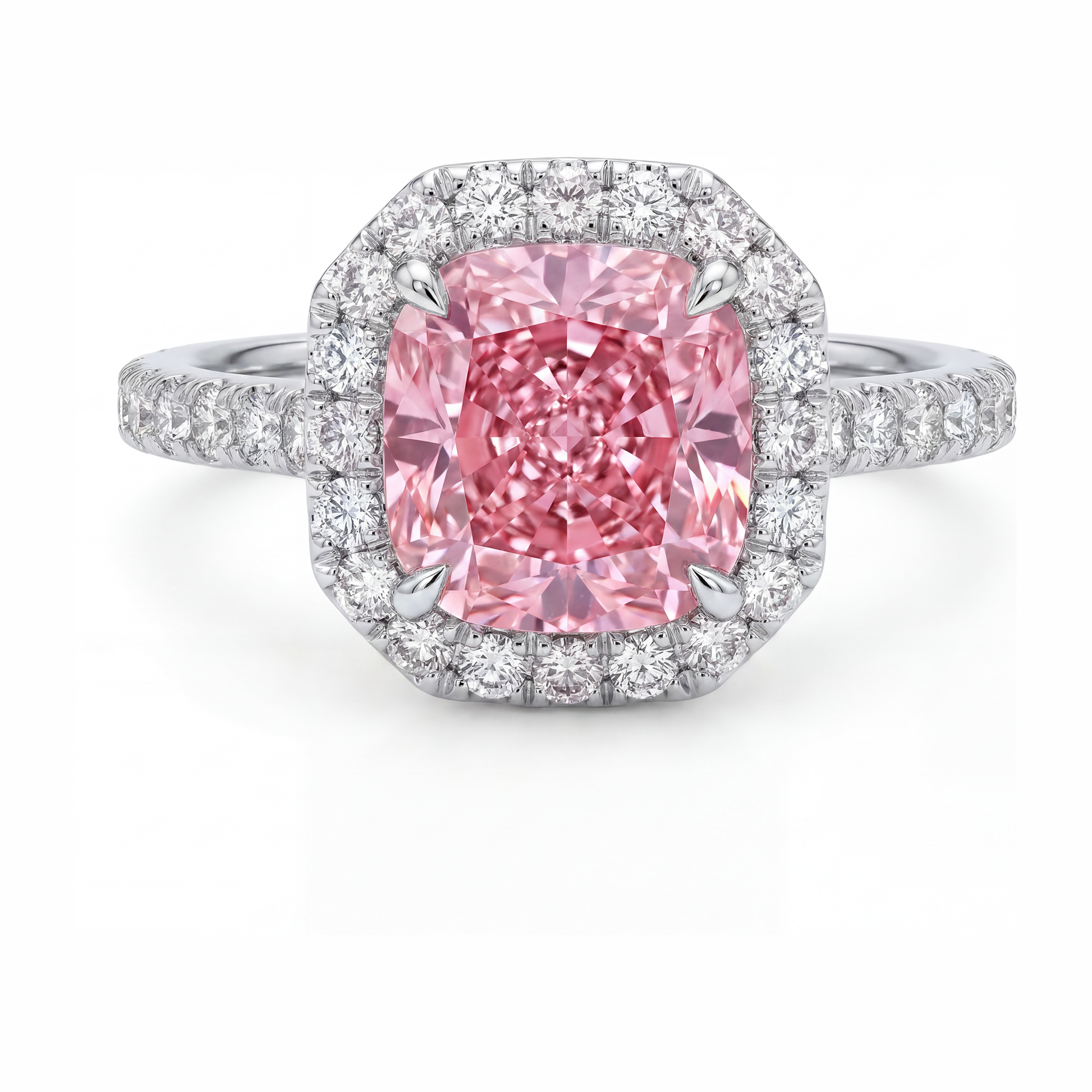 3.25 Carat Cushion Pink Lab Grown Diamond and White Diamond Halo Ring 14K White Gold