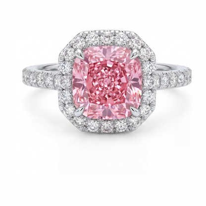 3.25 Carat Cushion Pink Lab Grown Diamond and White Diamond Halo Ring 14K White Gold