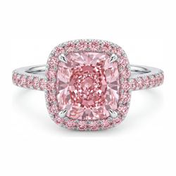 3.25 Carat Cushion Pink Lab Grown Diamond and White Diamond Halo Ring 14K White Gold