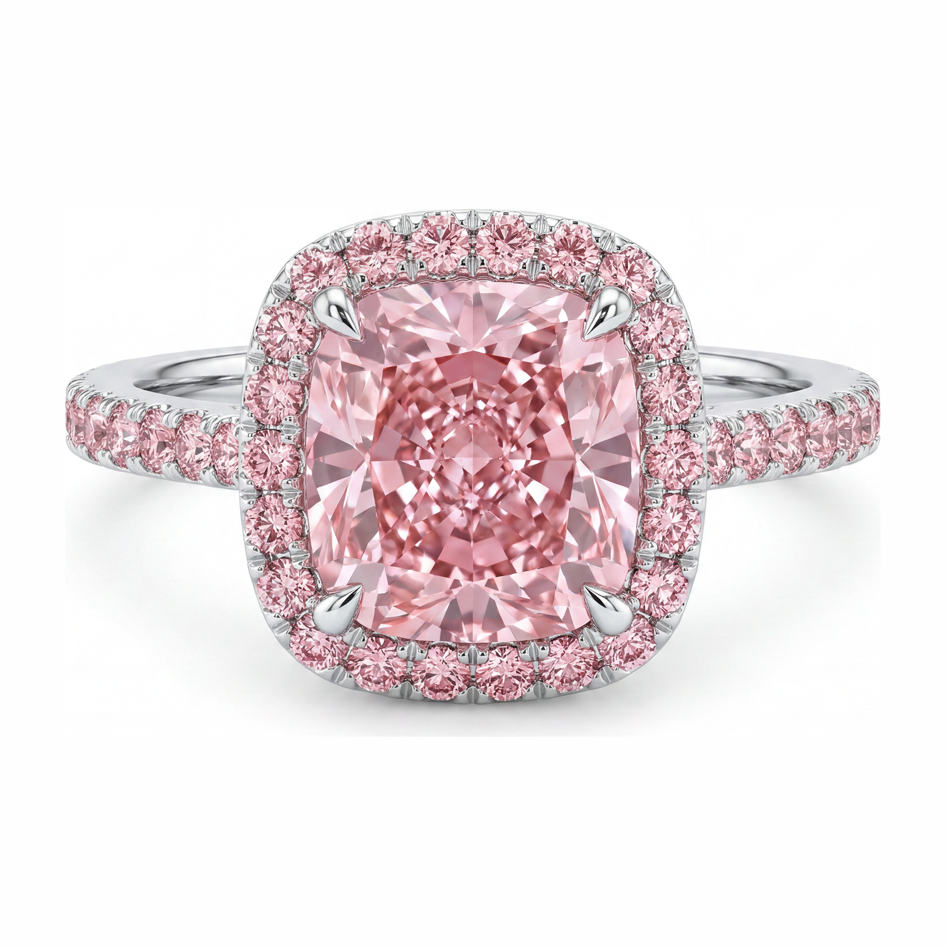 3.25 Carat Cushion Pink Lab Grown Diamond and White Diamond Halo Ring 14K White Gold