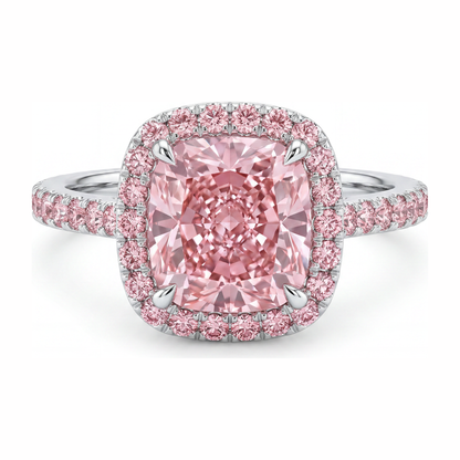 3.25 Carat Cushion Pink Lab Grown Diamond and White Diamond Halo Ring 14K White Gold