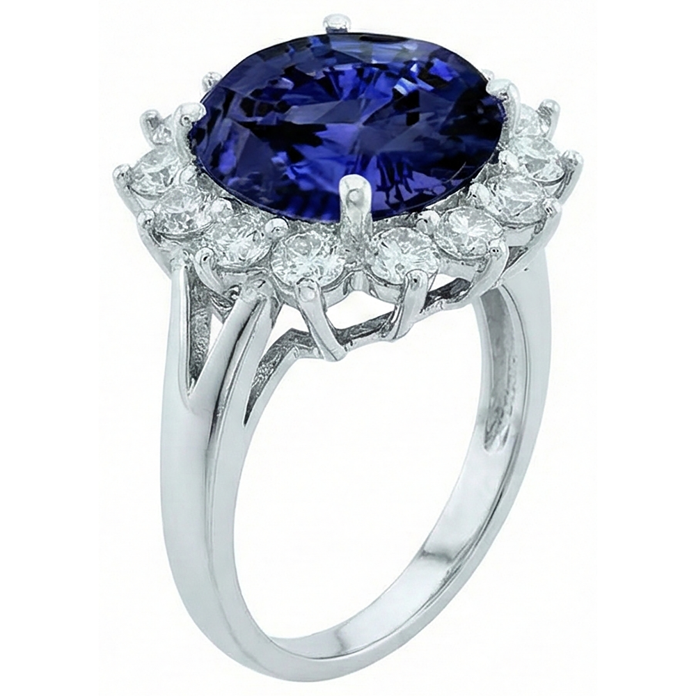 3.26 Carats Tanzanite And Round Natural Earth Mined Diamonds Ring White Gold 14K
