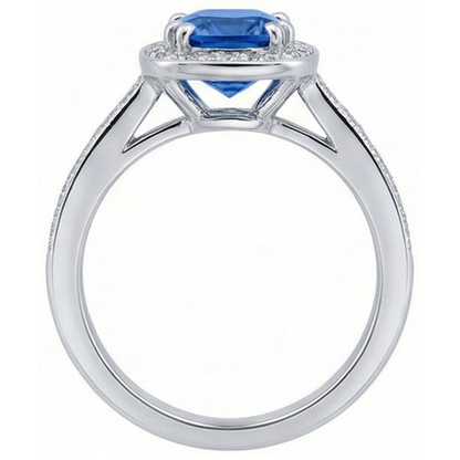 3.35 Carats Ceylon Blue Sapphire And Round Natural Earth Mined Diamonds Engagement Ring