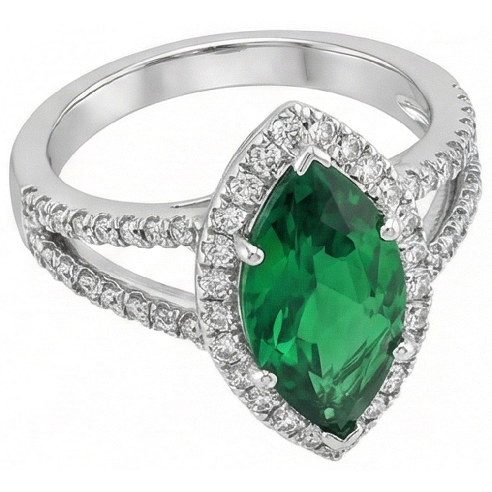 3.35 Carats Green Emerald GIA With Natural Earth Mined Diamonds Ring Prong Set White Gold 14K