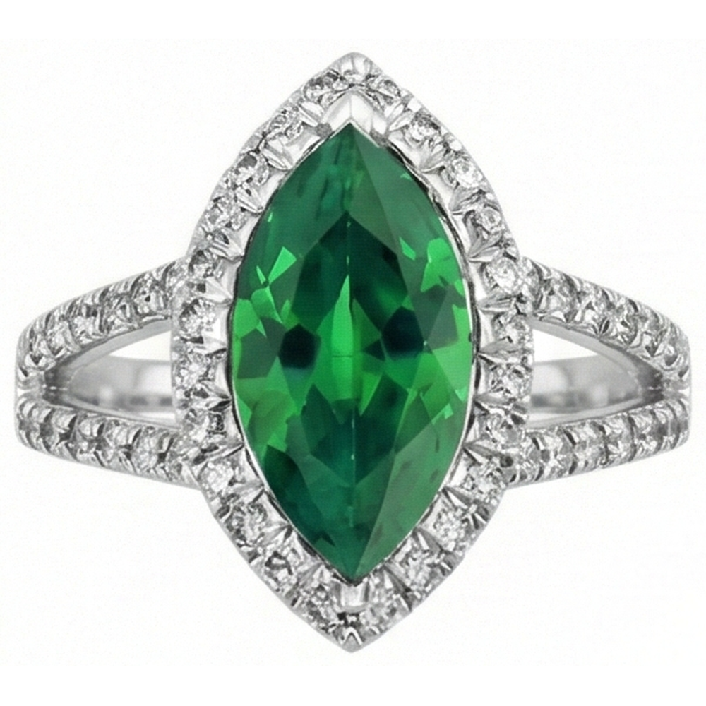 3.35 Carats Green Emerald GIA With Natural Earth Mined Diamonds Ring Prong Set White Gold 14K