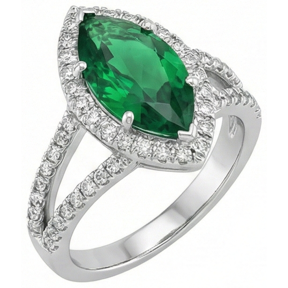 3.35 Carats Green Emerald GIA With Natural Earth Mined Diamonds Ring Prong Set White Gold 14K