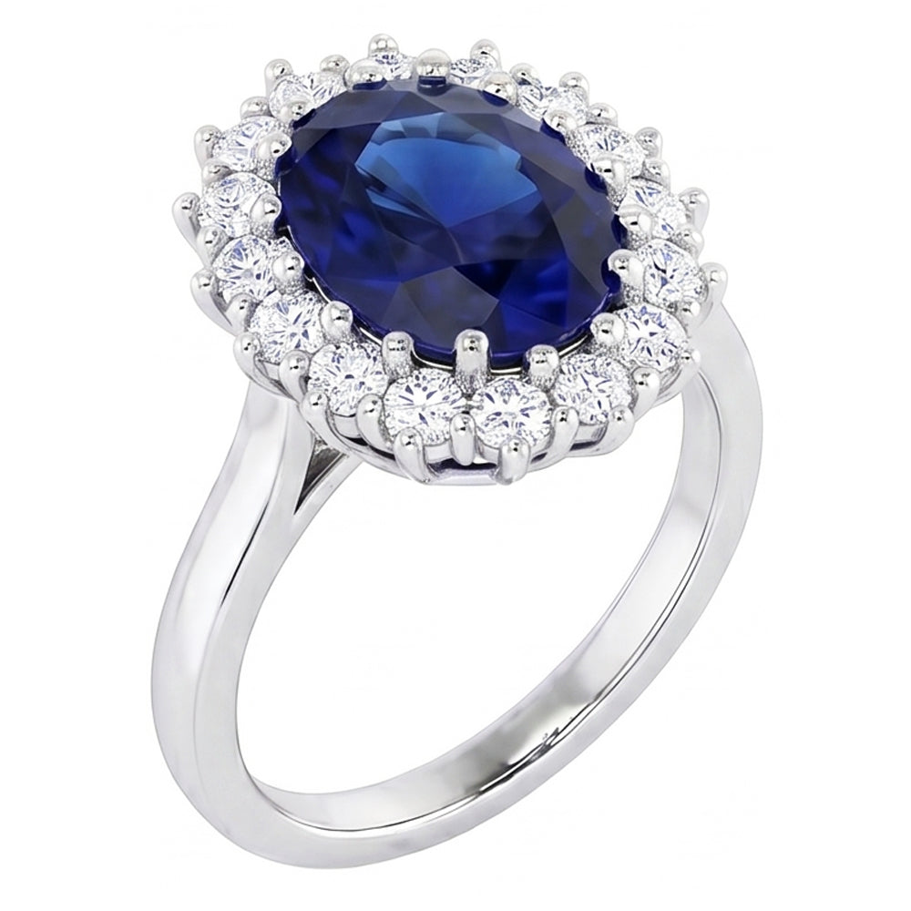 3.5 Ct Oval Shaped Ceylon Sapphire Round Natural Earth Mined Diamond Ring White Gold 14K