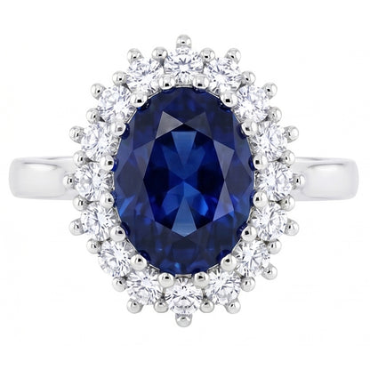 3.5 Ct Oval Shaped Ceylon Sapphire Round Natural Earth Mined Diamond Ring White Gold 14K