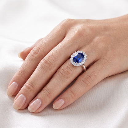 3.5 Ct Oval Shaped Ceylon Sapphire Round Natural Earth Mined Diamond Ring White Gold 14K