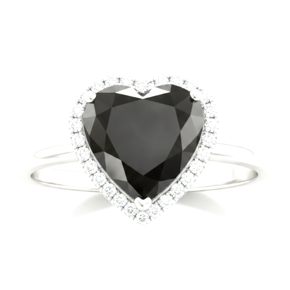 2 Carat Heart Black Diamond and White Diamond Halo Ring Natural 14K White Gold