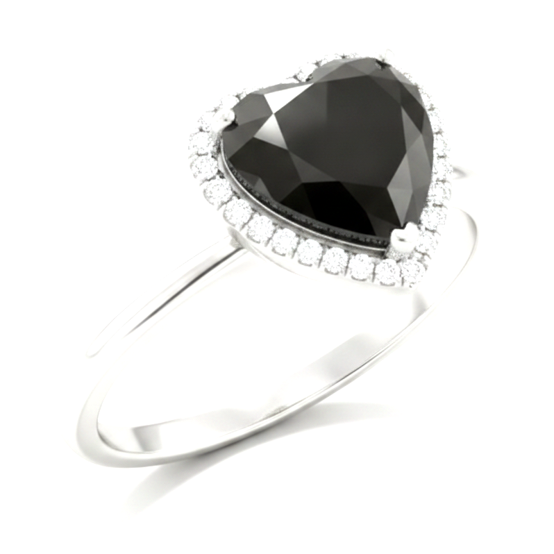 2 Carat Heart Black Diamond and White Diamond Halo Ring Natural 14K White Gold