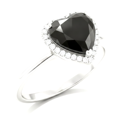 2 Carat Heart Black Diamond and White Diamond Halo Ring Natural 14K White Gold